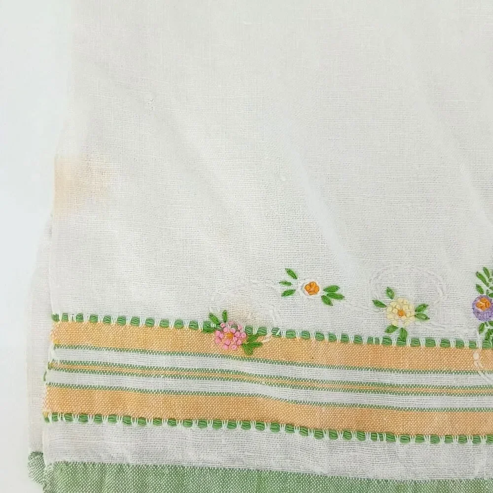 Vintage Hand Embroidered Linen Tea Towel 16x24 Floral Green Yellow Cottagecore